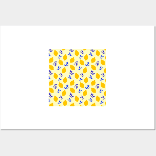 Yellow lemon pattern with blue leaves Posters and Art